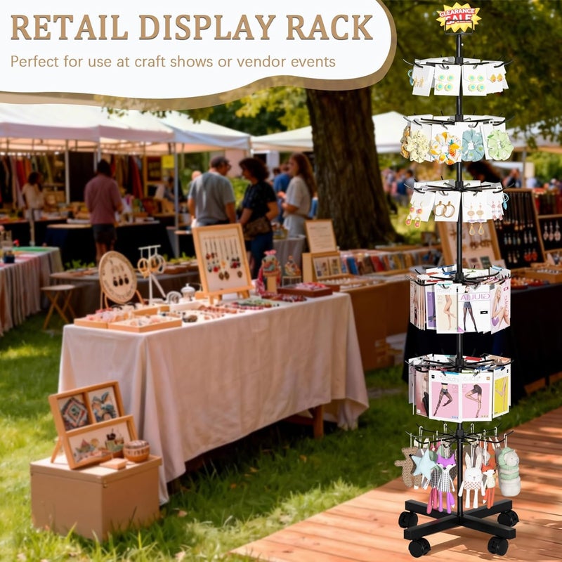 Exttlliy Retail Display Stand Store Display Rack 6 Tier Metal Spinning Display Stand Rack with Wheels Keychain Jewelry Stocking Hat Stand with Hooks for Malls, Showroom, Retail Store (6 Tier Black) - Image 5